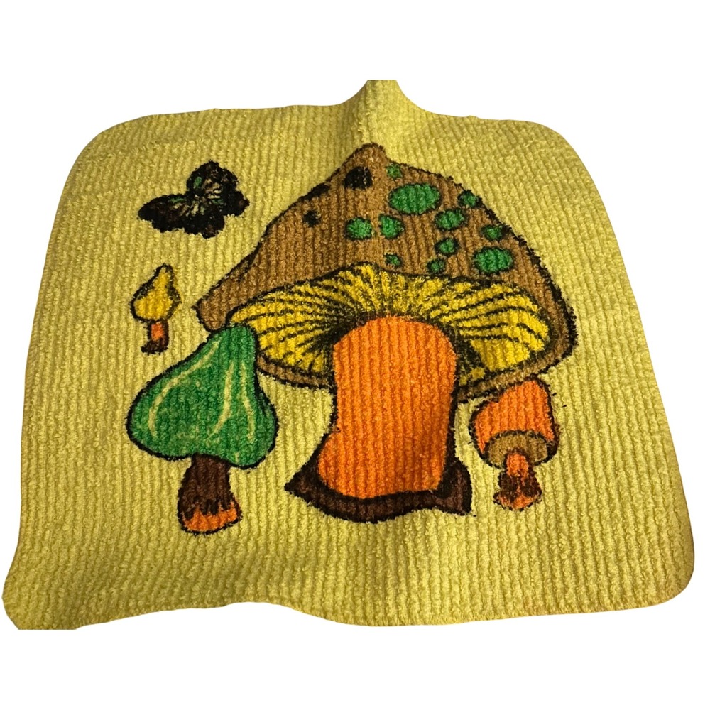 Vintage Sears Merry Mushroom Kitchen Towel Yellow Retro 70s Dish Towel Butterfly